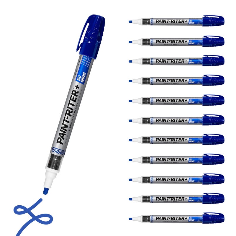 Markal 96965 Paint-Riter+ Oily Surface Liquid Paint Marker, Versatile Surface Compatibility, Bold Mark Size 1.8", Blue 12-Pack - Image 1